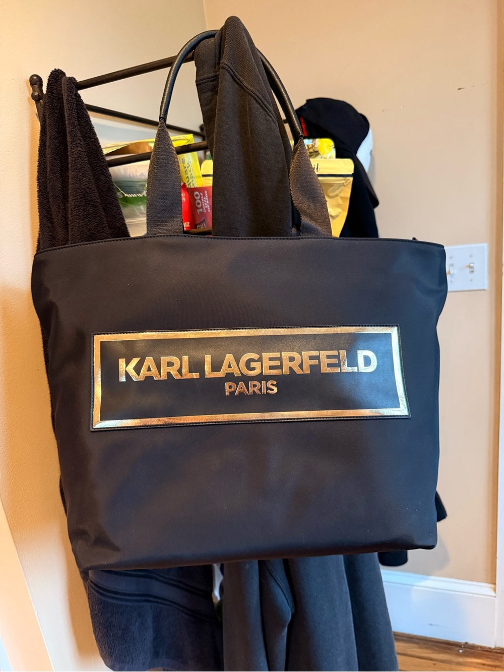 Karl Lagerfeld Black Tote with Gold Logo Plaque